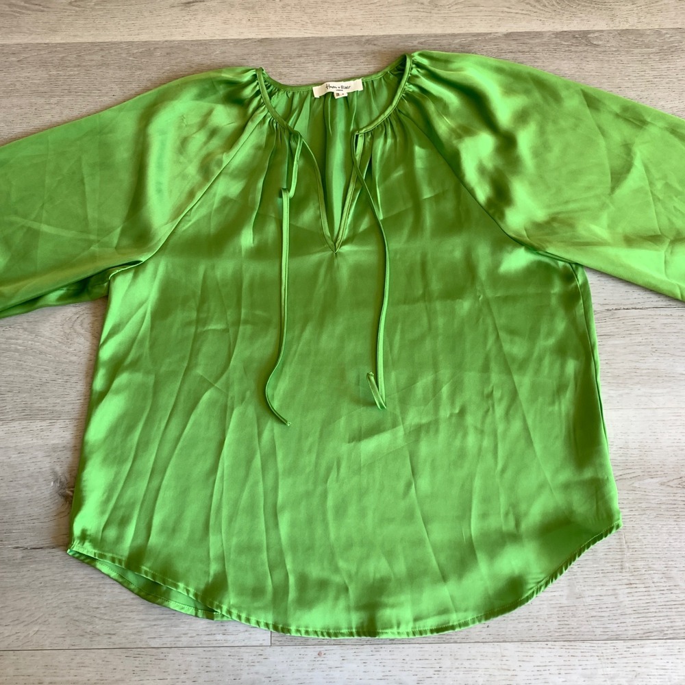 Haver +‎ Blair London Lime Green Satin Tie Neck Raglan Sleeve Blouse Small